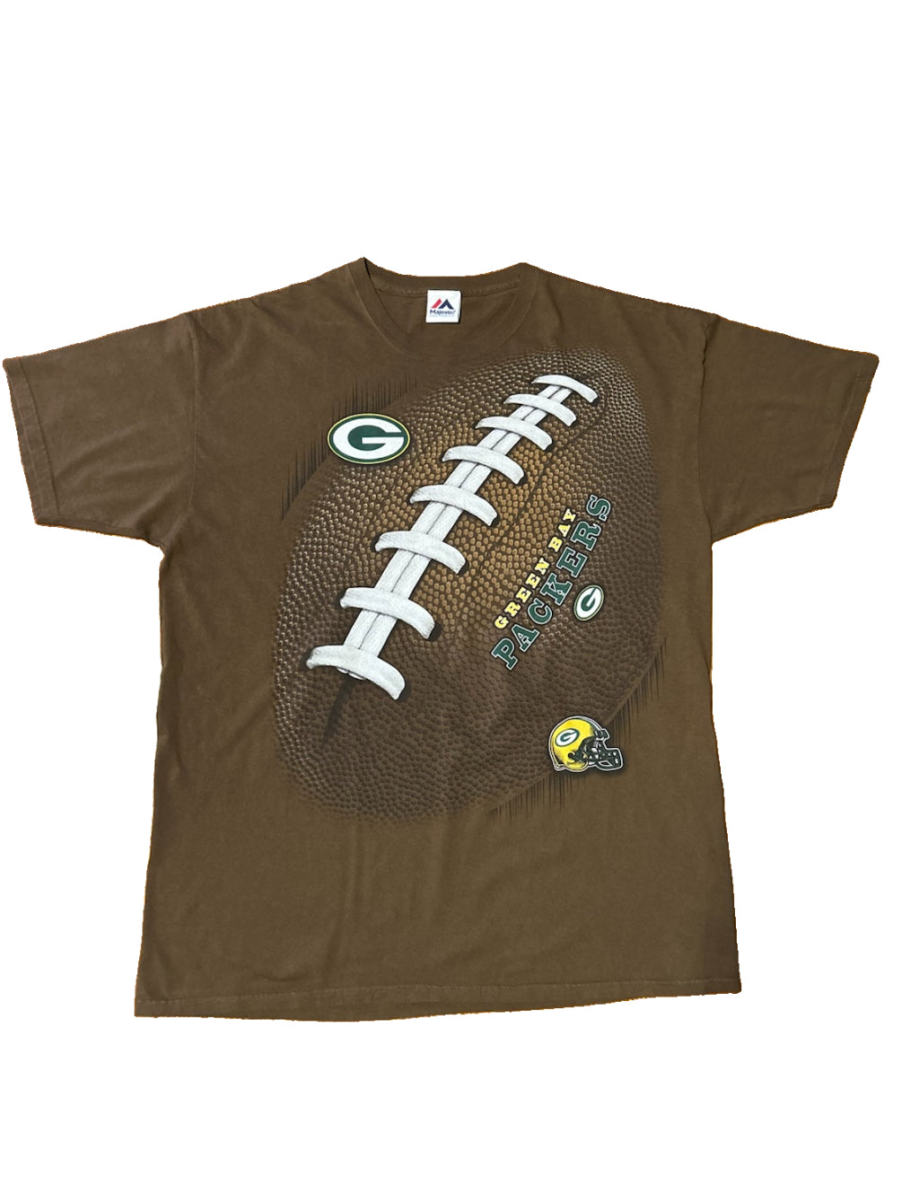 Majestic Green Bay Packers T-Shirt Mens 2XL XXL Brown Football Laces Graphic NFL G Logo Helmet Y2K Vintage Packers