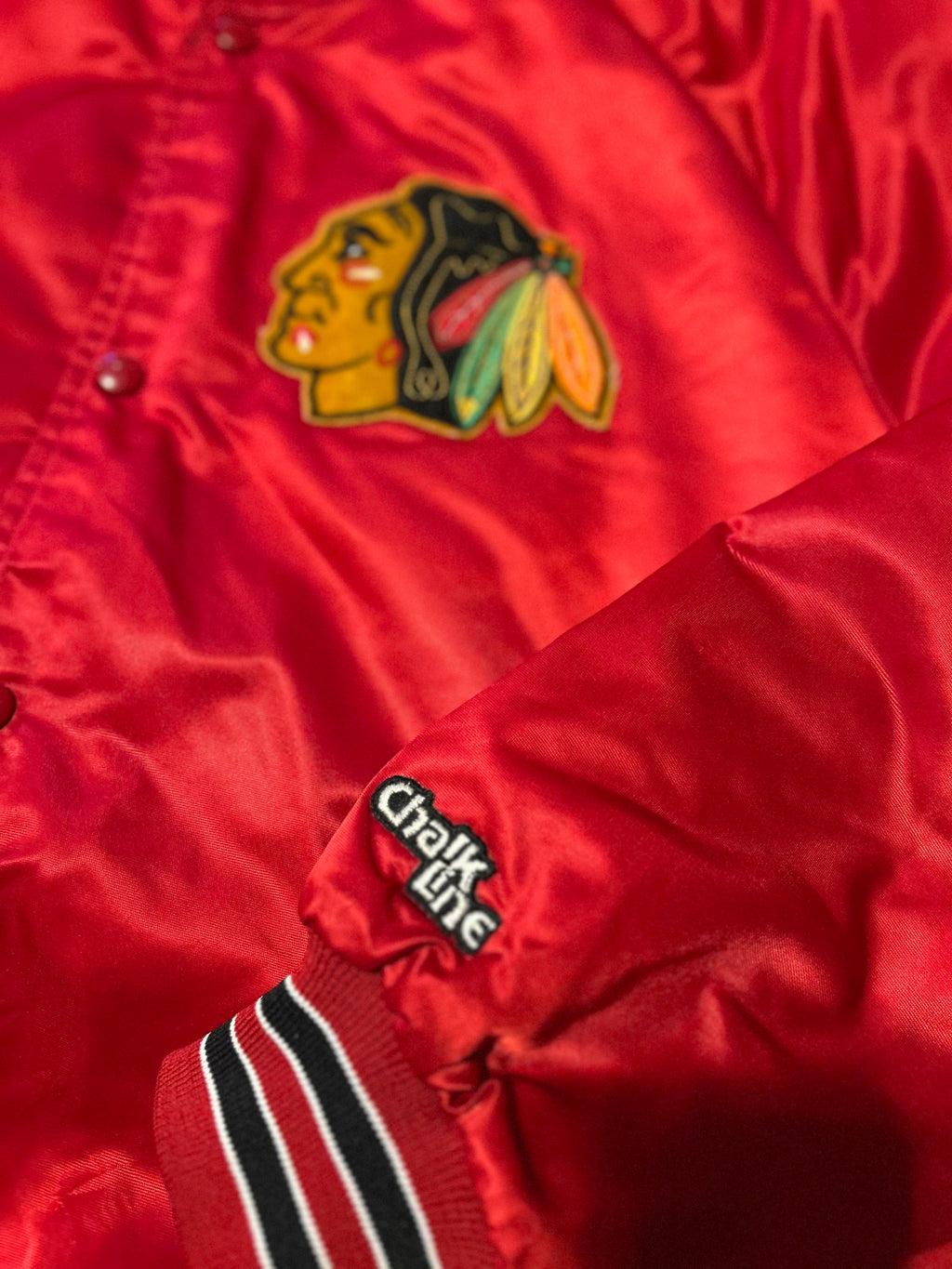 Chalk Line Chicago Blackhawks 90s Bomber Jacket Satin XL USA Embroidered Logo
