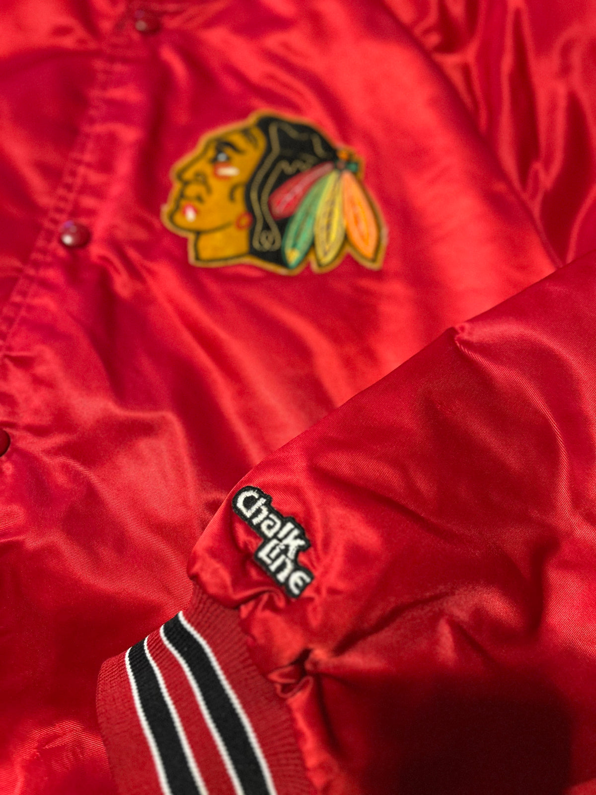 Chalk Line Chicago Blackhawks 90s Bomber Jacket Satin XL USA Embroidered Logo