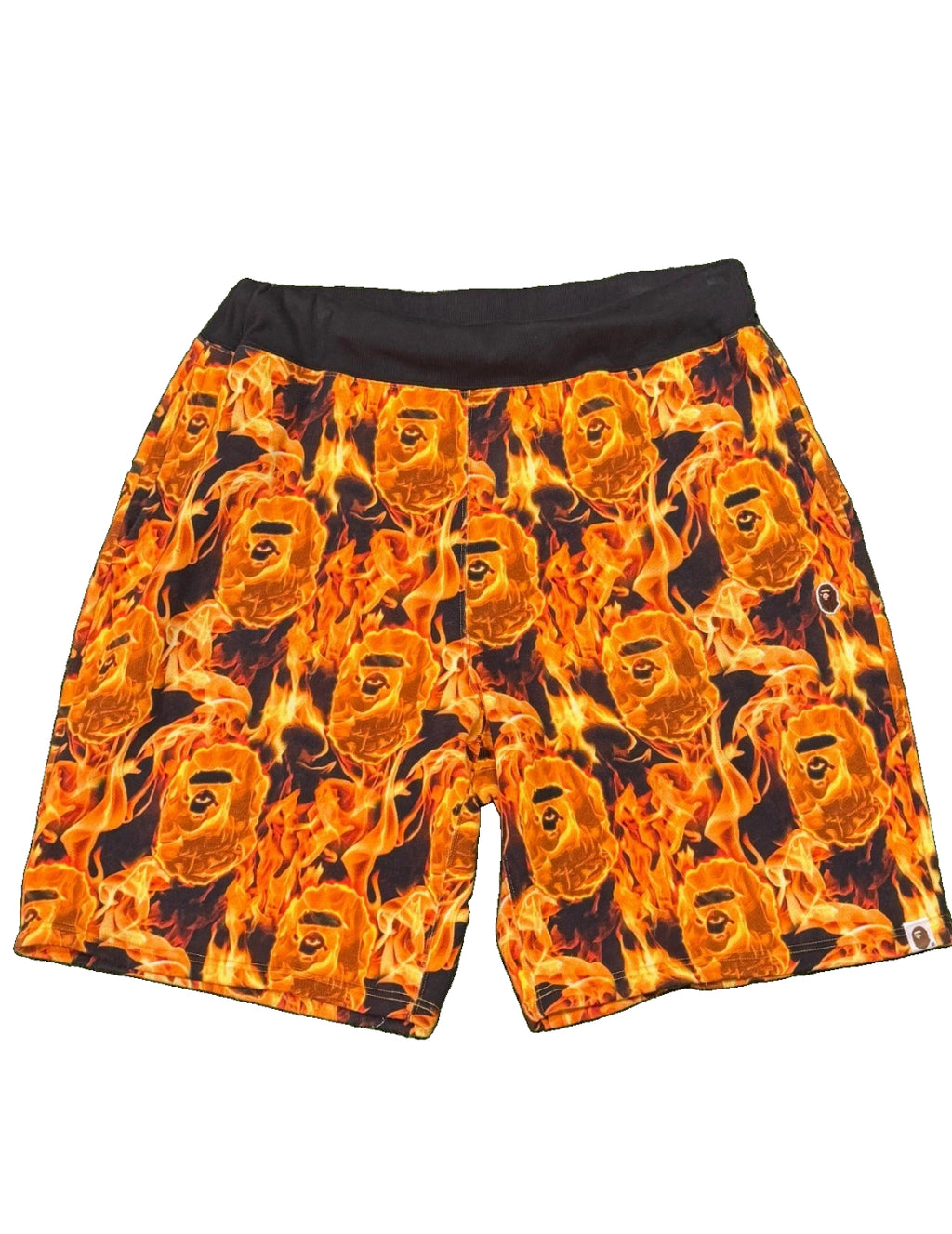 A Bathing Ape Bape Flame Sweat Shorts XL Ape Head All Over Print Orange Black