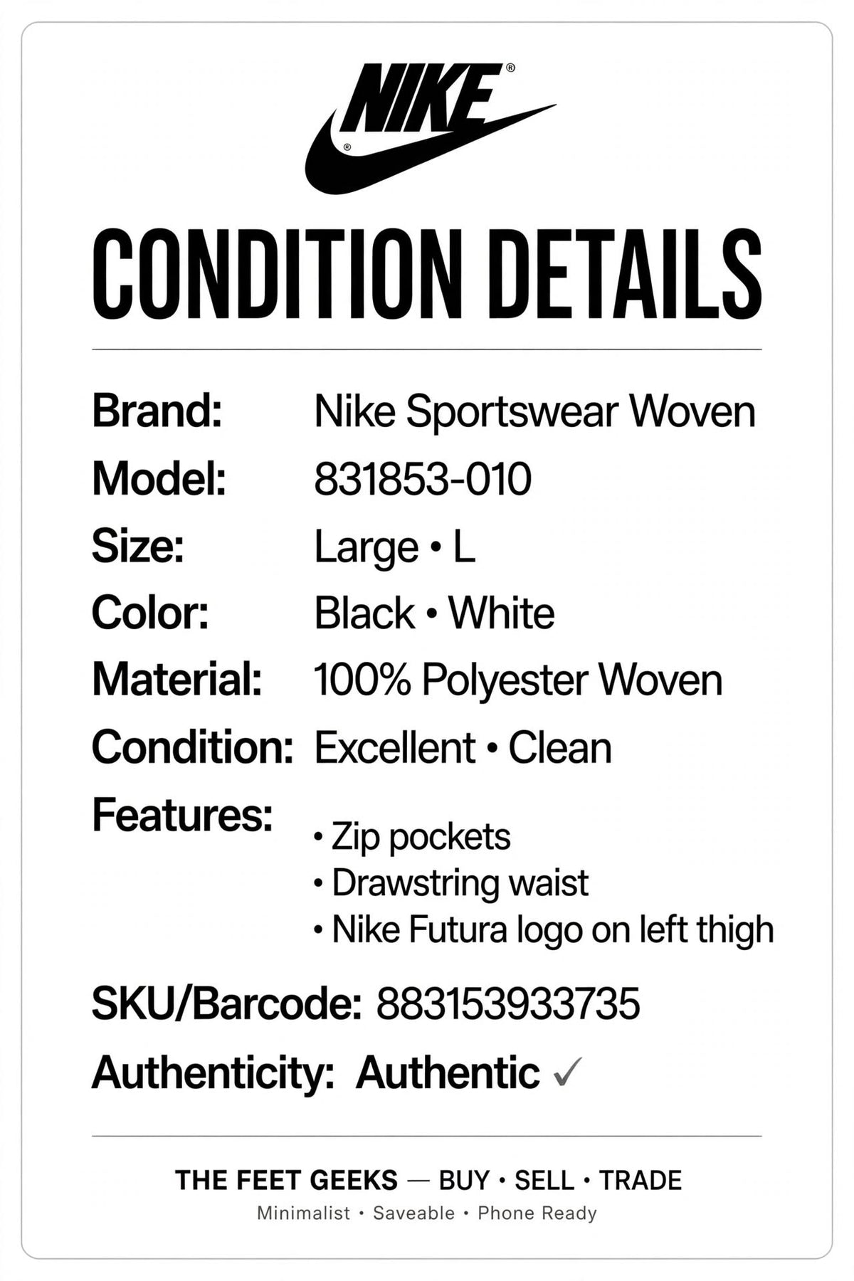 Nike Sportswear Woven Pants Black White 831853 Large L 883153933735 Excellent