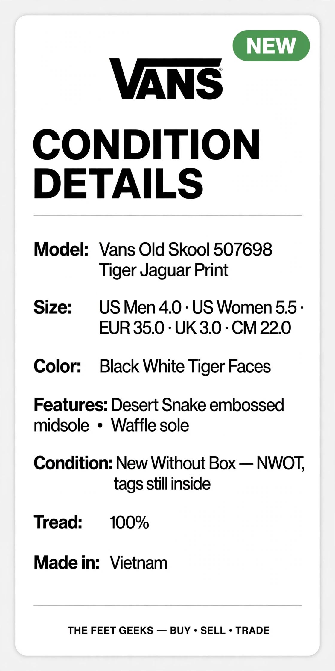 Vans Old Skool Tiger Print Mens 4 Womens 5.5 Desert Snake 507698 NWOT Animal