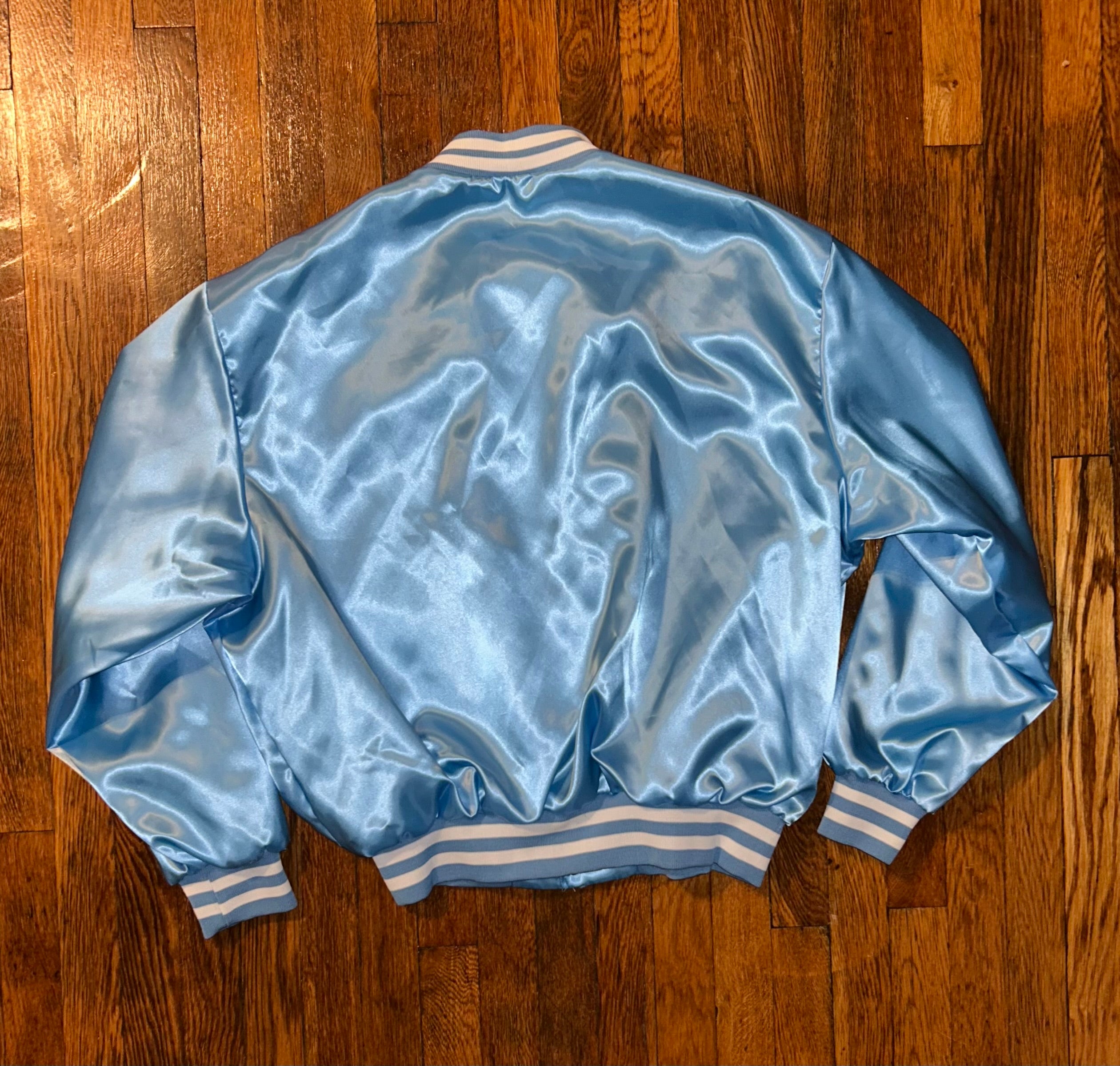 Swingster Satin Snap Button Bomber Jacket Vintage 90s Powder Blue Size XXL