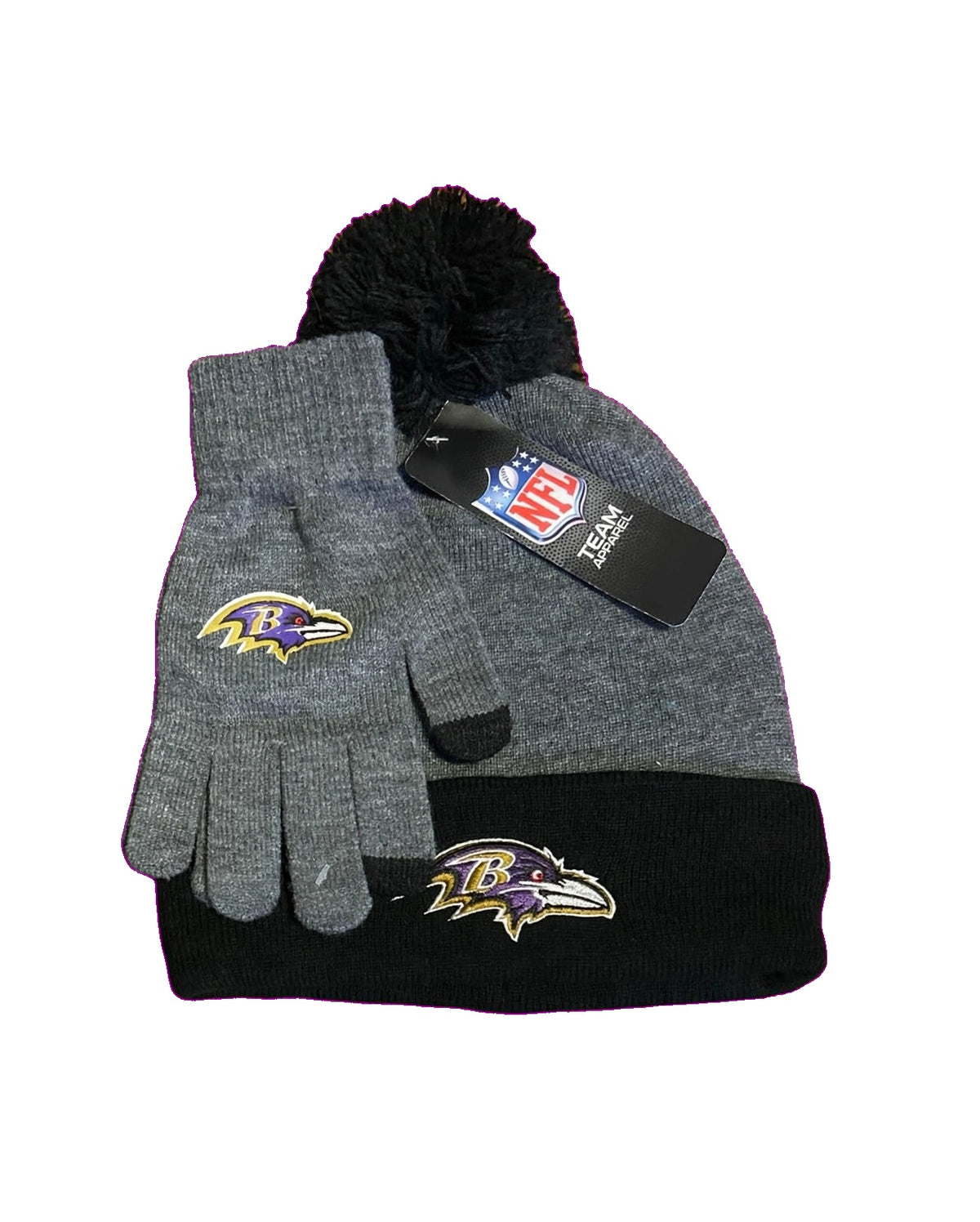 Baltimore Ravens Knit Hat Gloves Box Set NFL Team Apparel JCMD680F Gray Black OSFM NWT