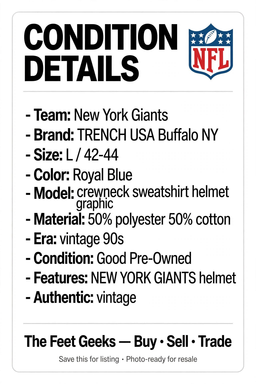 New York Giants Sweatshirt L Vintage 90s TRENCH USA Helmet Blue Crewneck