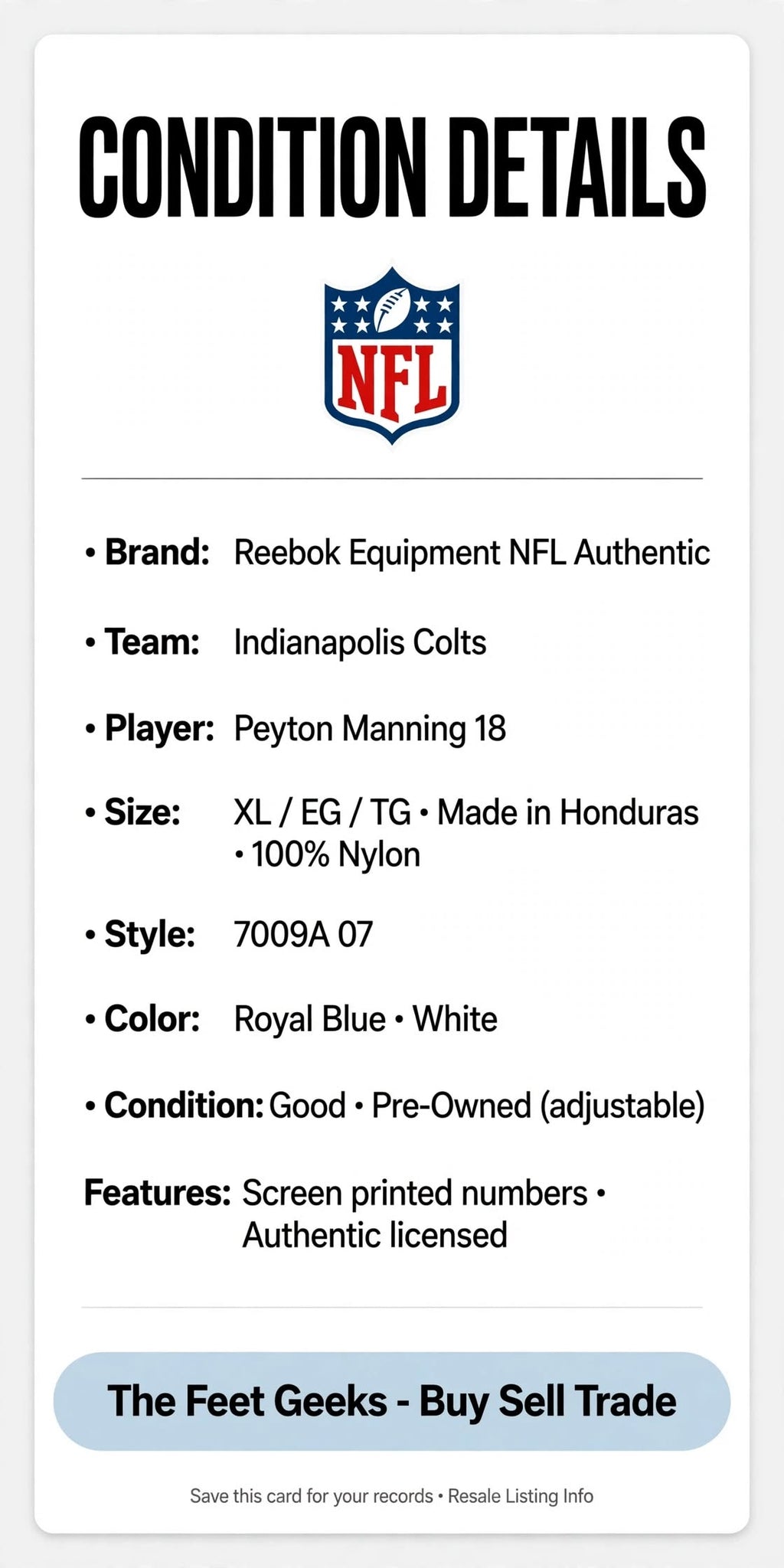 Indianapolis Colts Peyton Manning #18 Jersey Reebok XL Blue NFL Authentic