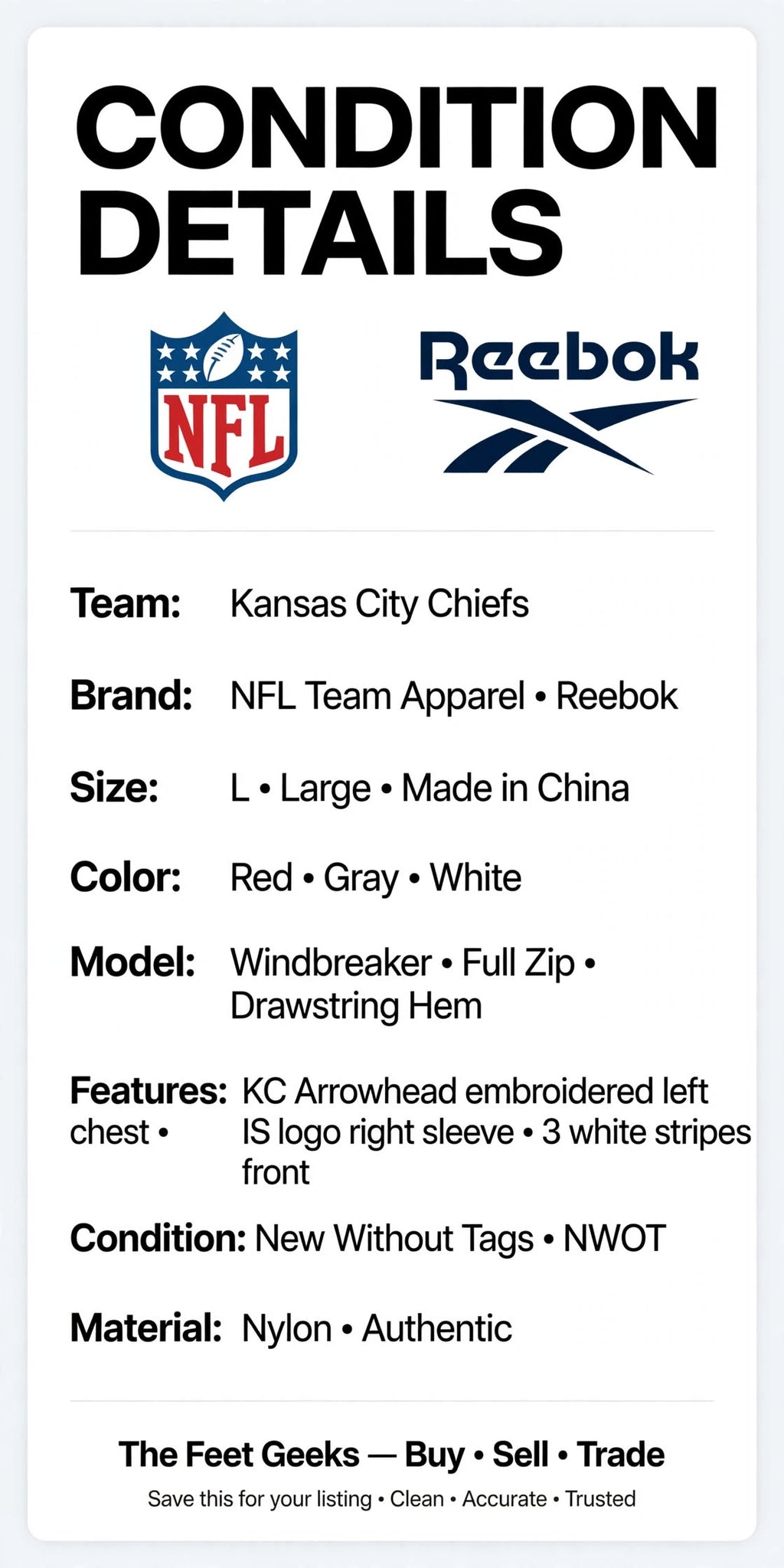 Kansas City Chiefs Jacket Windbreaker L Reebok Full Zip Red Gray NFL NWOT