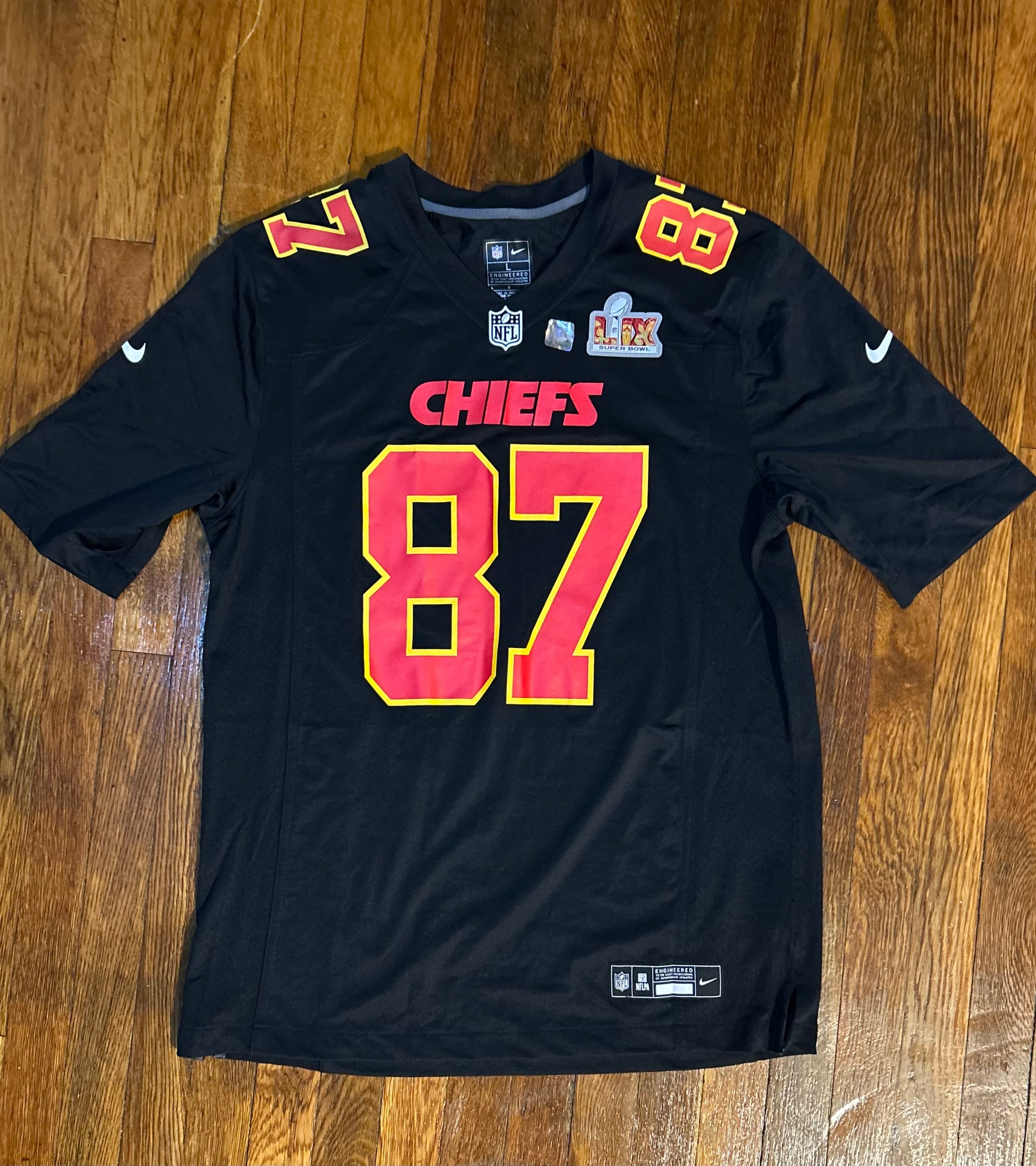 Nike Travis Kelce Kansas City Chiefs Super Bowl LIX Patch Black Jersey Size Large