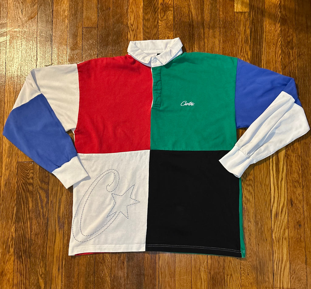 Corteiz C-Star Quad Colour Block Rugby Polo Shirt - Multi (Red / Green / Black / White / Blue) - Size XL - SS23