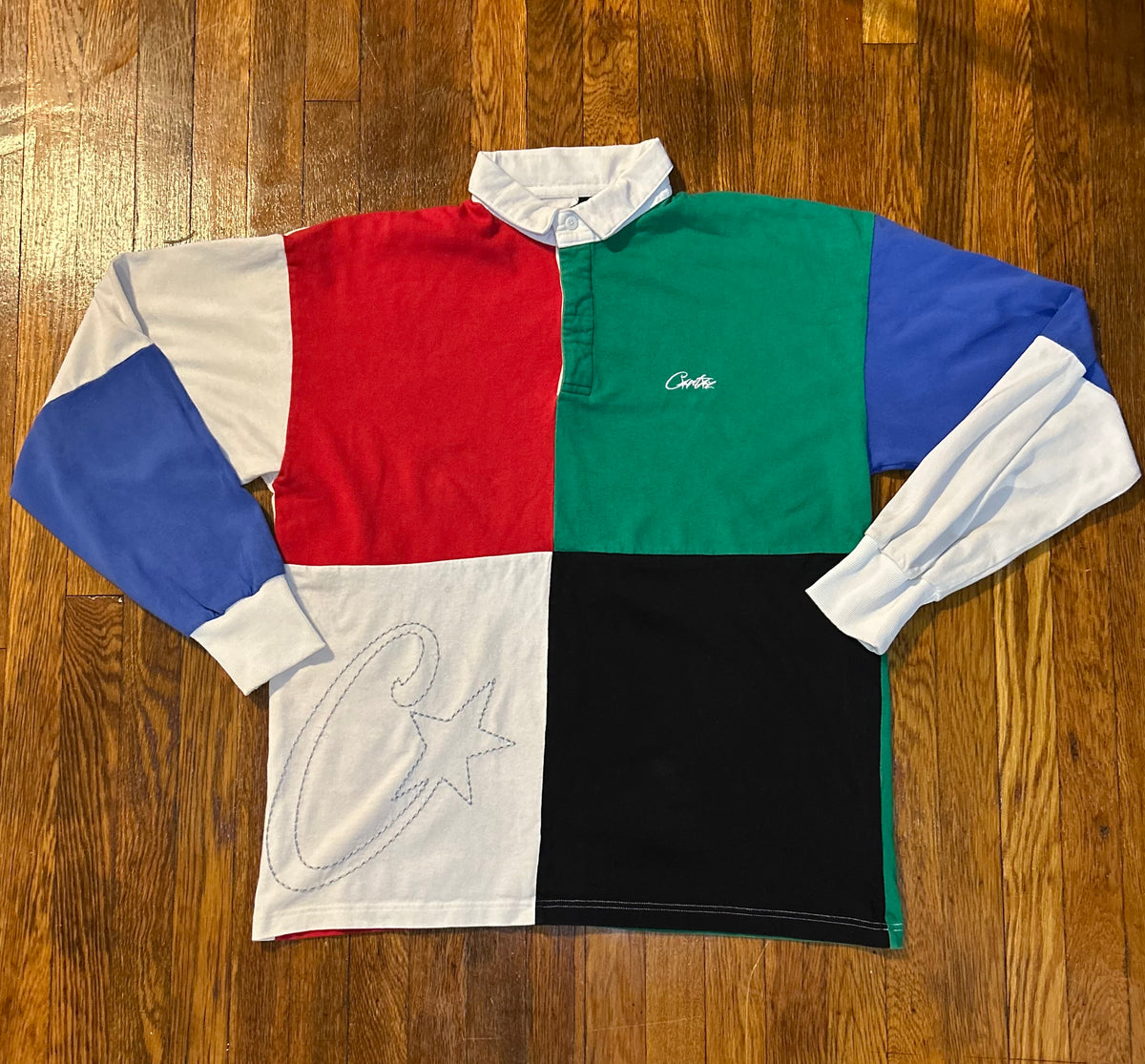 Corteiz C-Star Quad Colour Block Rugby Polo Shirt - Multi (Red / Green / Black / White / Blue) - Size XL - SS23