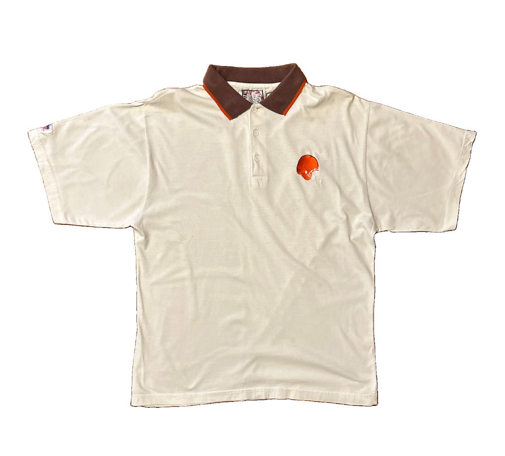 Vintage 90s Cleveland Browns Polo Shirt Mens M True Fan NFL GameDay Embroidered Helmet Cream