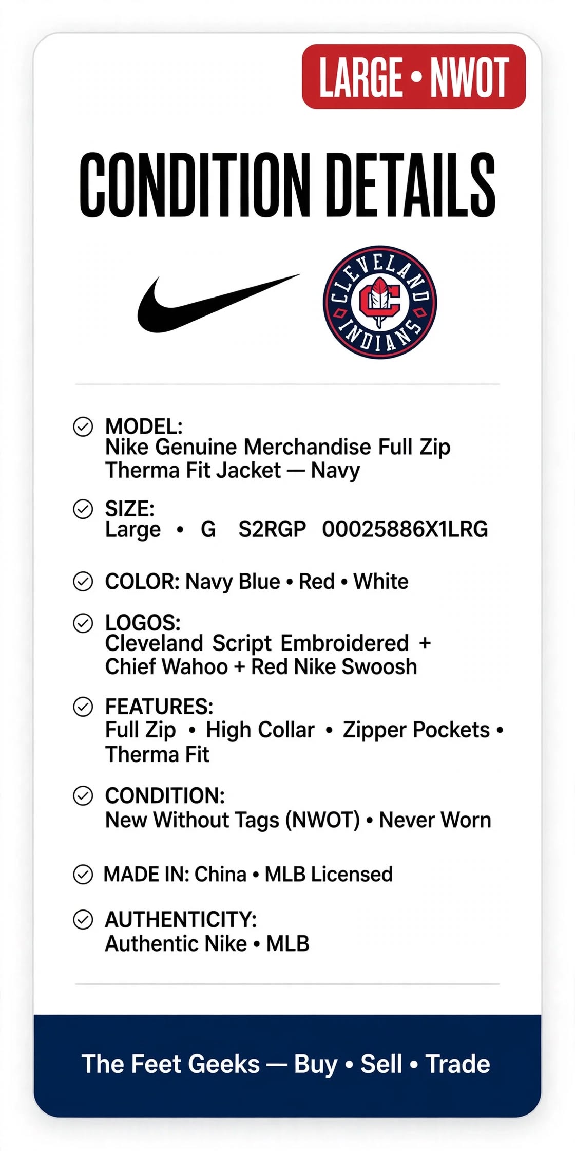 Nike Cleveland Indians Full Zip Jacket L Chief Wahoo Cleveland Script Navy New