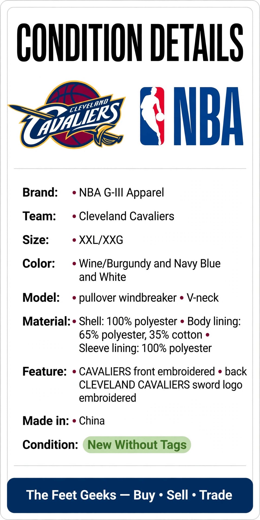Cleveland Cavaliers Jacket XXL Windbreaker Pullover Wine Navy NBA NWOT
