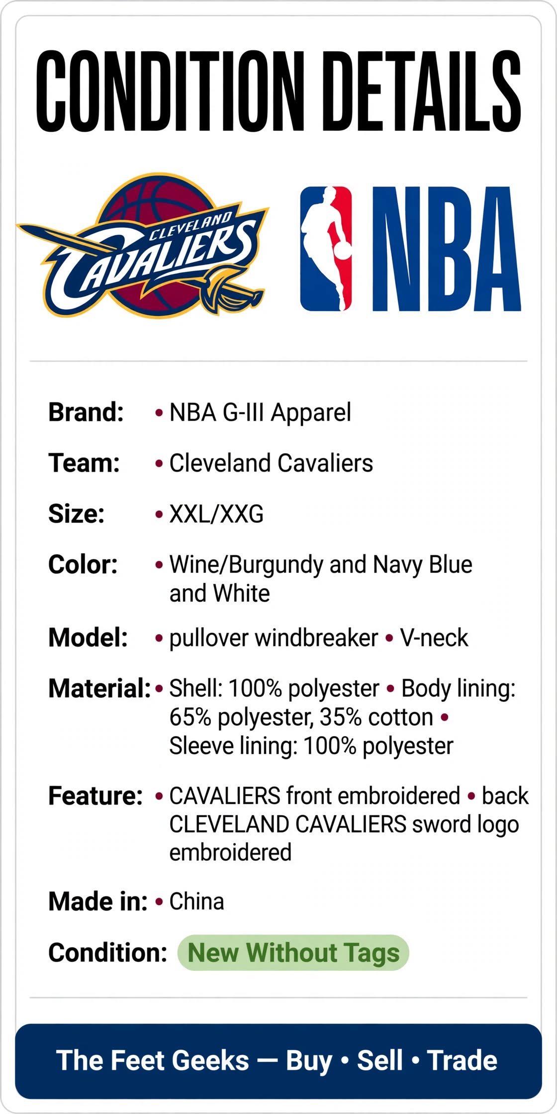 Cleveland Cavaliers Jacket XXL Windbreaker Pullover Wine Navy NBA NWOT