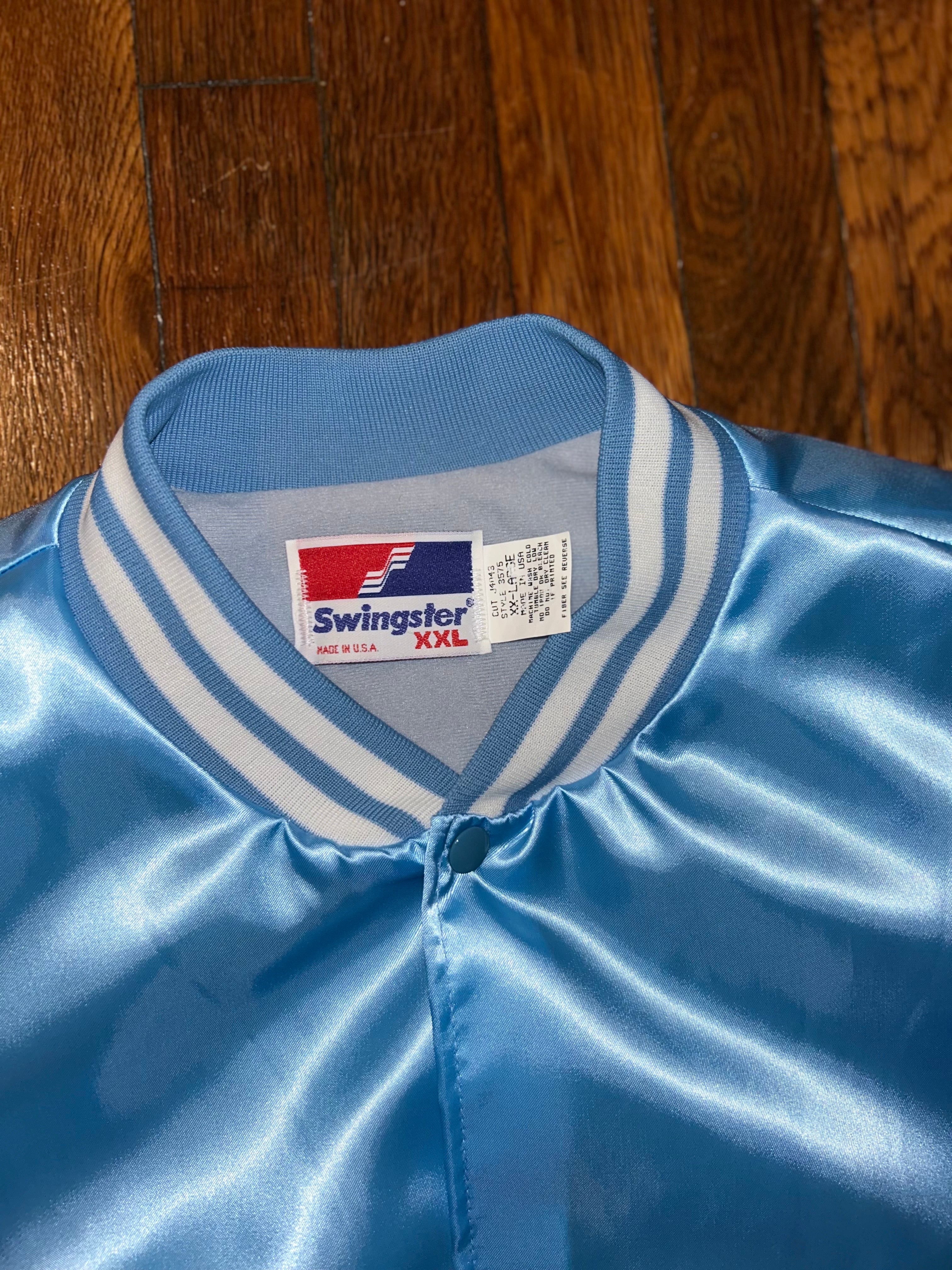 Swingster Satin Snap Button Bomber Jacket Vintage 90s Powder Blue Size XXL