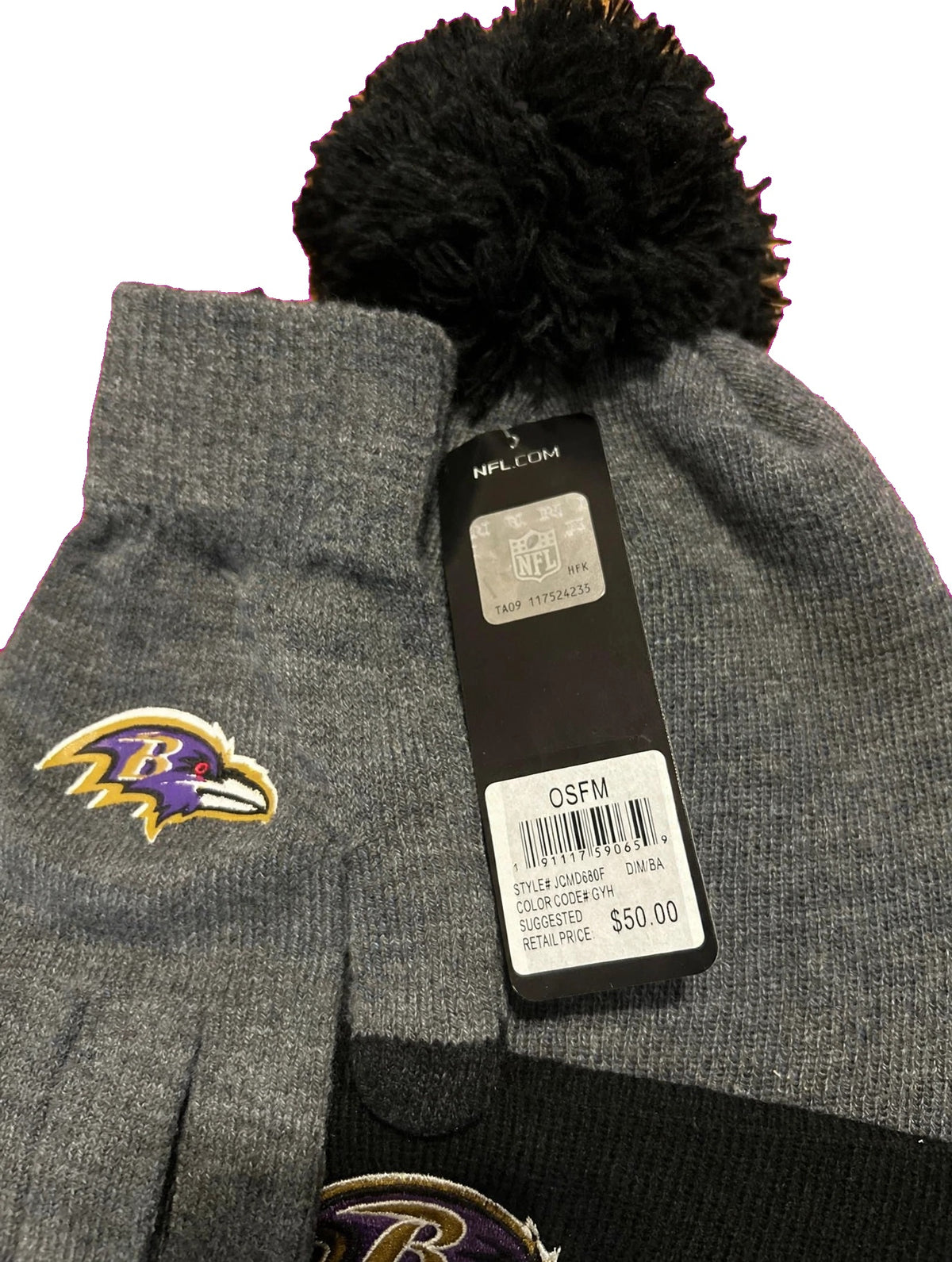 Baltimore Ravens Knit Hat Gloves Box Set NFL Team Apparel JCMD680F Gray Black OSFM NWT