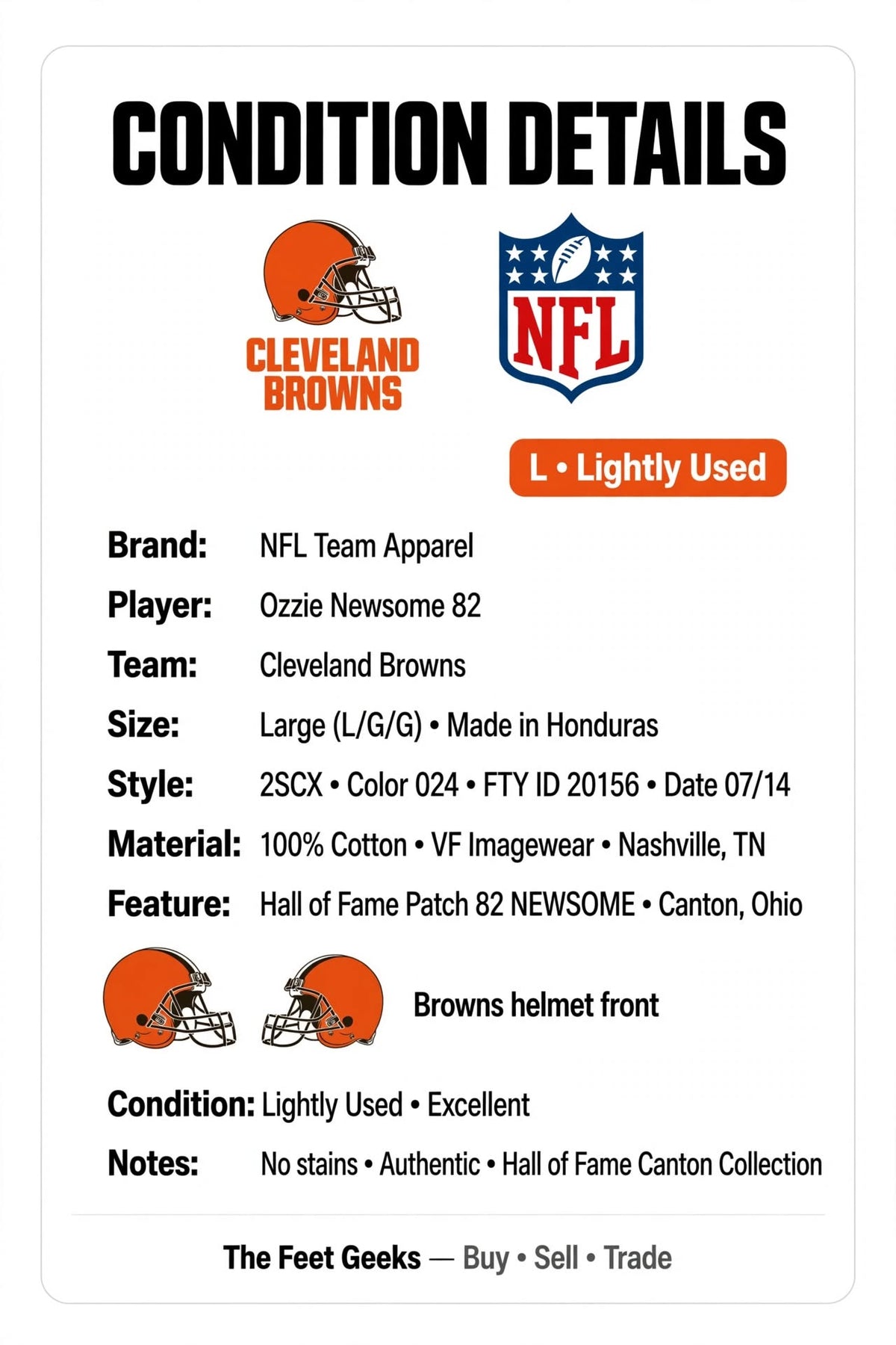 NFL Team Cleveland Browns Ozzie Newsome 82 T-Shirt HOF Patch L Large