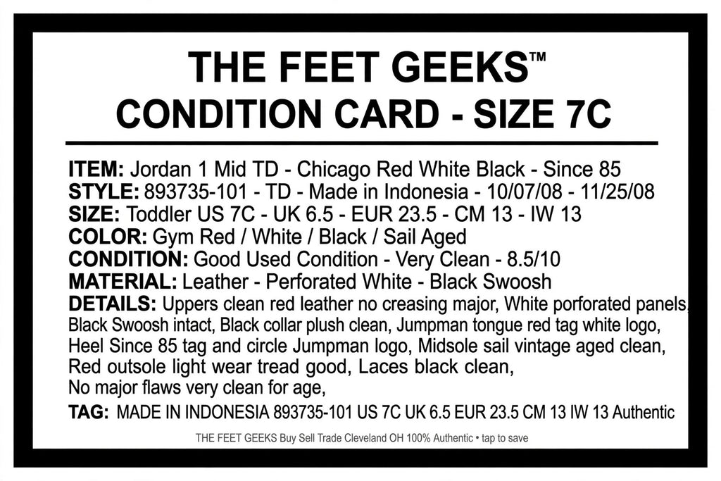 Toddler Jordan 1 Mid Chicago Red White Black 7C Good Used Since 85 Jumpman