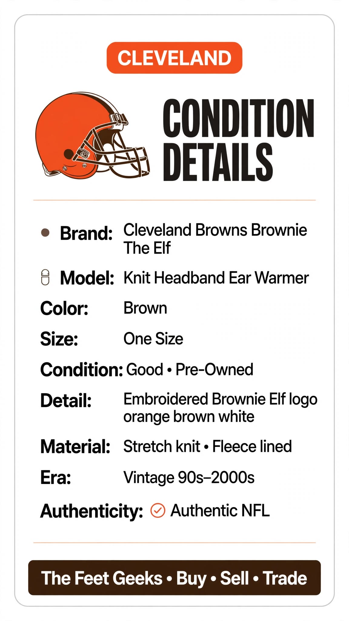 Cleveland Browns Headband Brownie Elf Brown Ear Warmer Knit One Size NFL