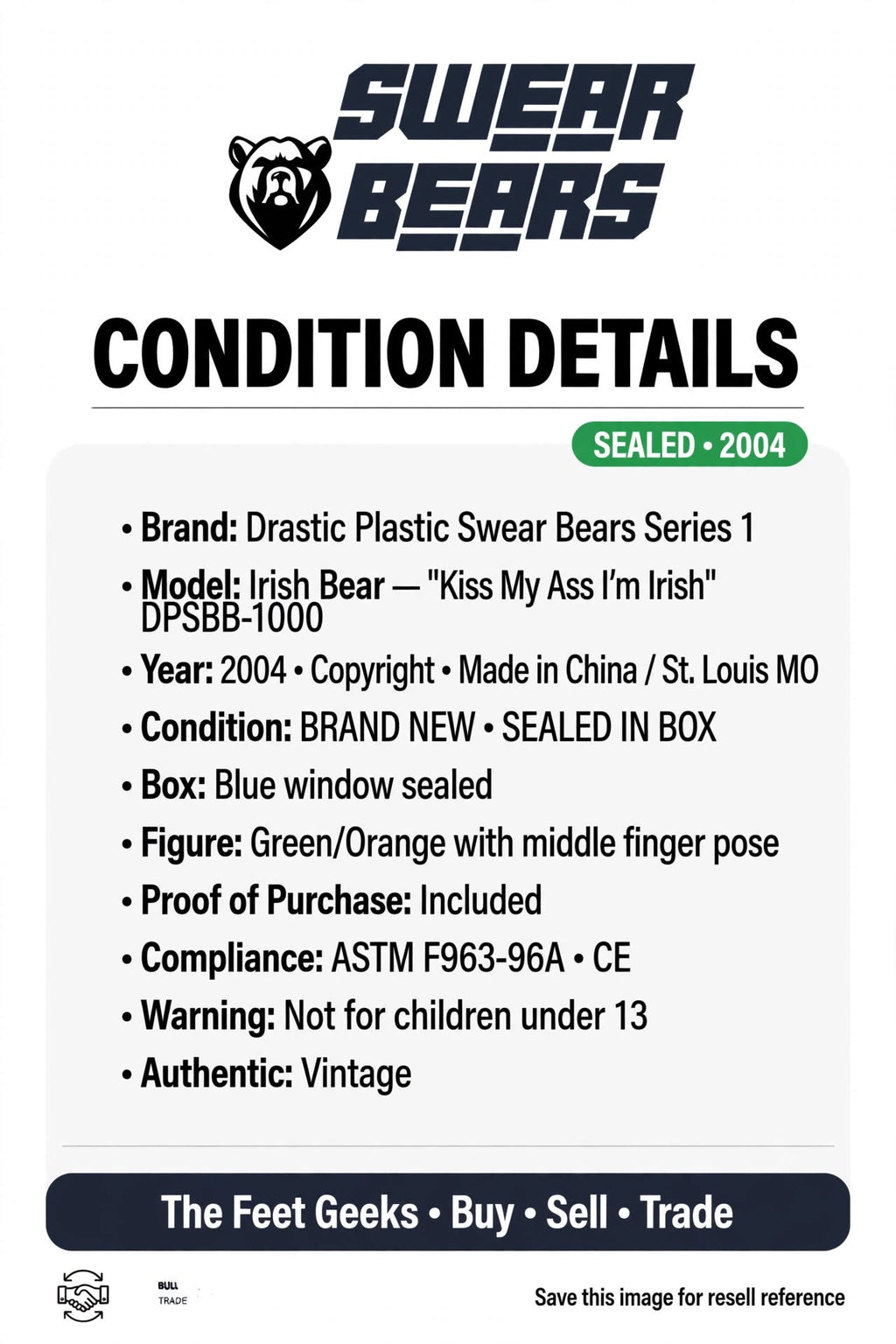 Swear Bears Series 1 Irish Bear Middle Finger 2004 Brand New Sealed Box