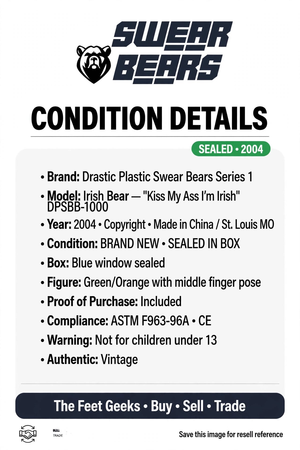 Swear Bears Series 1 Irish Bear Middle Finger 2004 Brand New Sealed Box