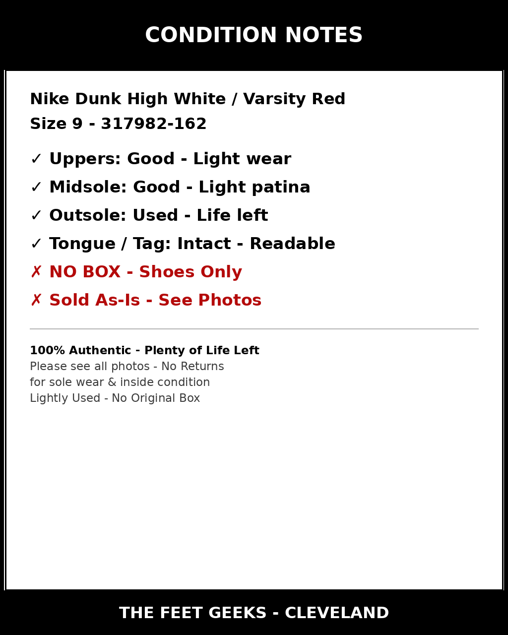 Nike Dunk High White Varsity Red 2009 Vintage 317982-162 Size 9 Used No Box