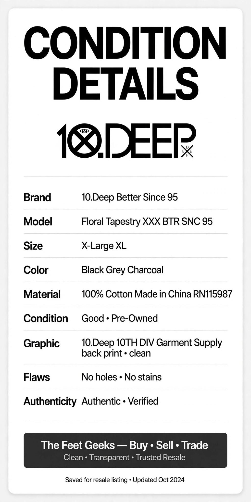 10.Deep Shirt XL Black Grey Floral 10th Div Garment Supply BTR SNC 95 Streetwear