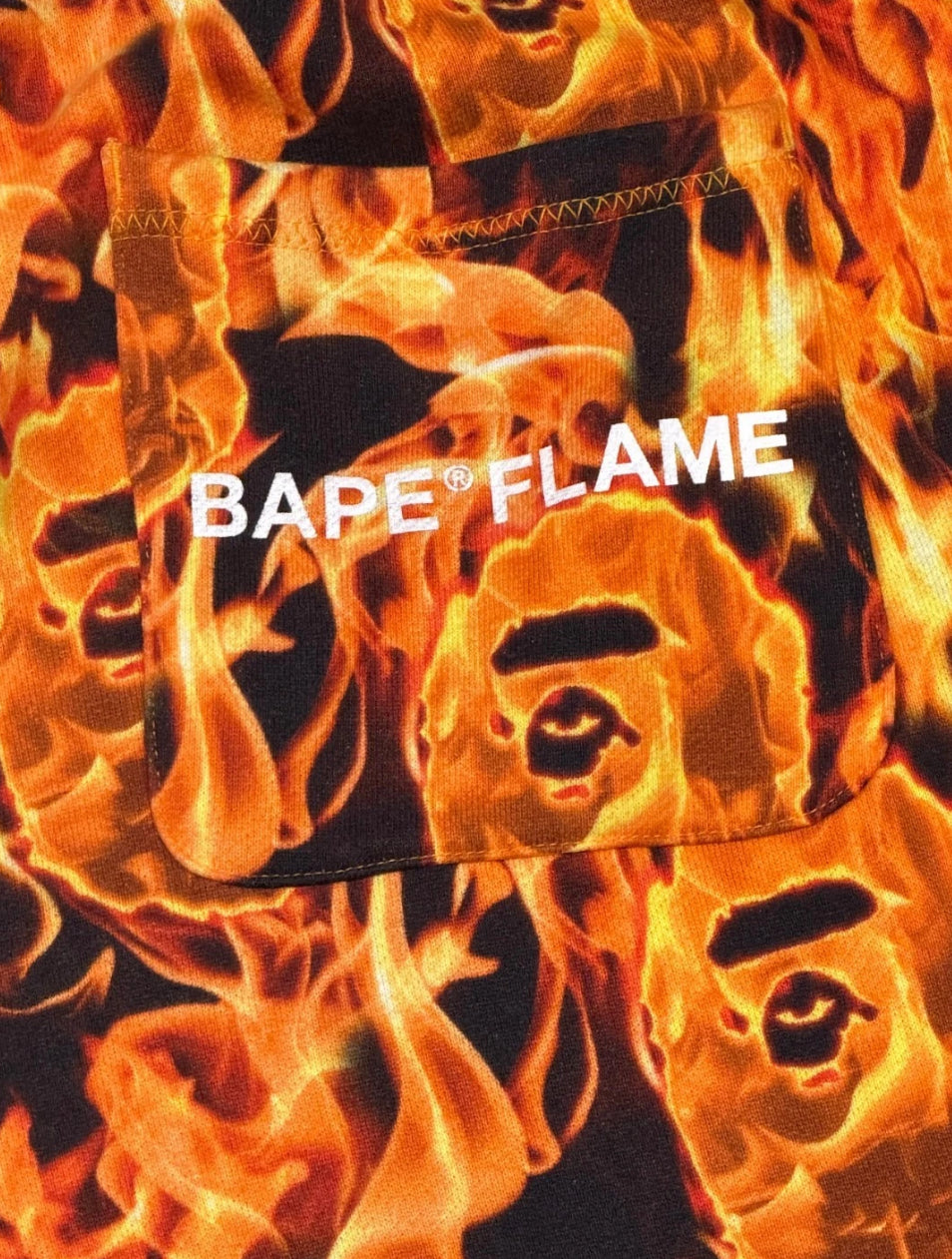 A Bathing Ape Bape Flame Sweat Shorts XL Ape Head All Over Print Orange Black