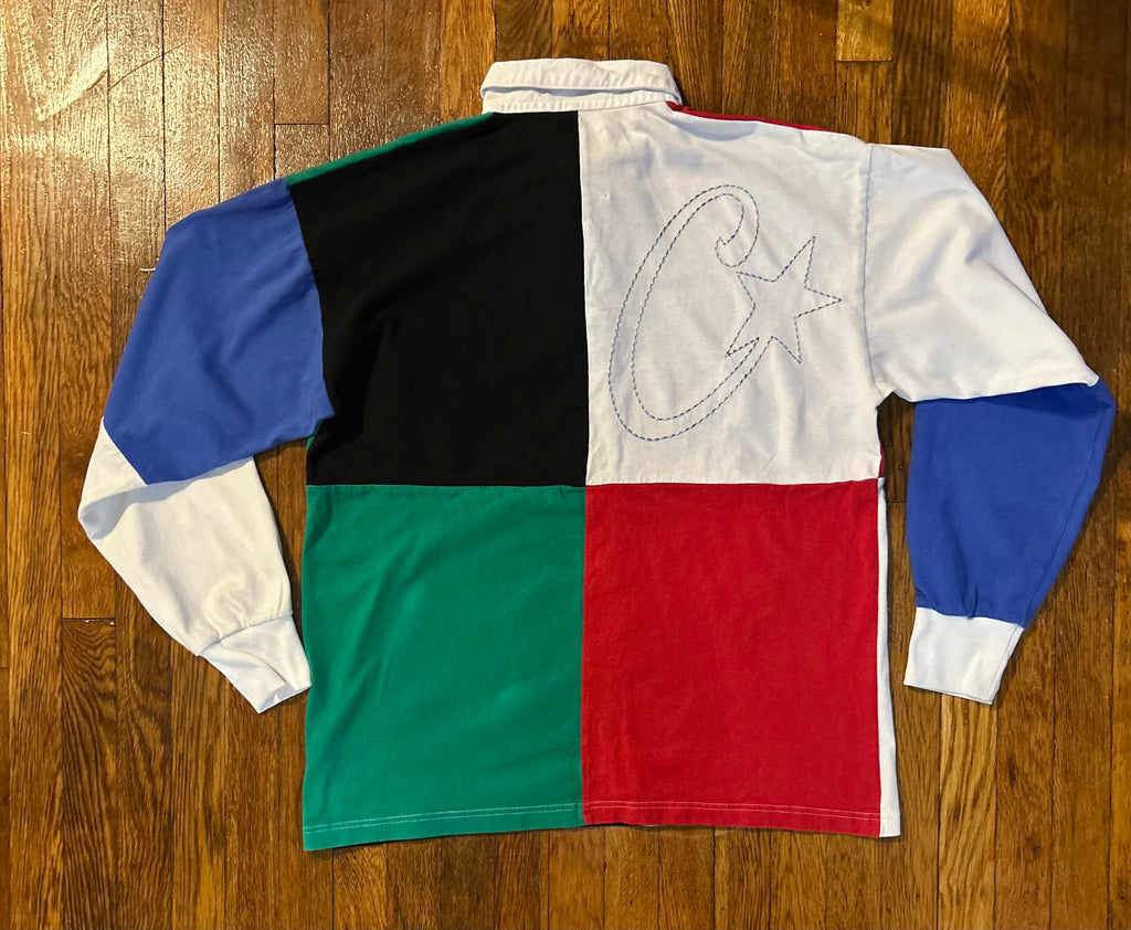 Corteiz C-Star Quad Colour Block Rugby Polo Shirt - Multi (Red / Green / Black / White / Blue) - Size XL - SS23