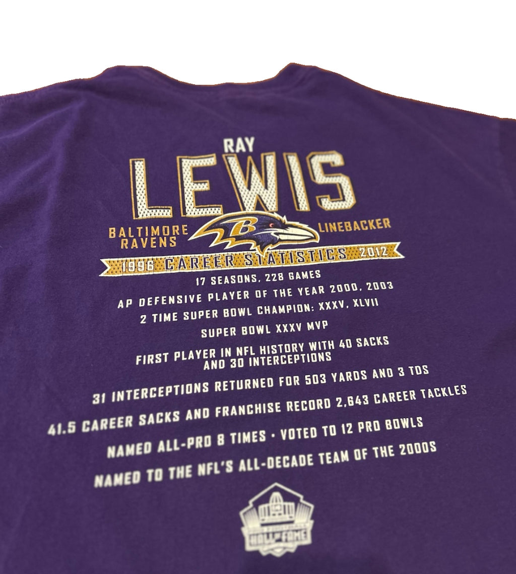 Baltimore Ravens Ray Lewis #52 Pro Football Hall Of Fame Class Of 2018 T-Shirt XL Purple Career Stats 1996-2012 NFL