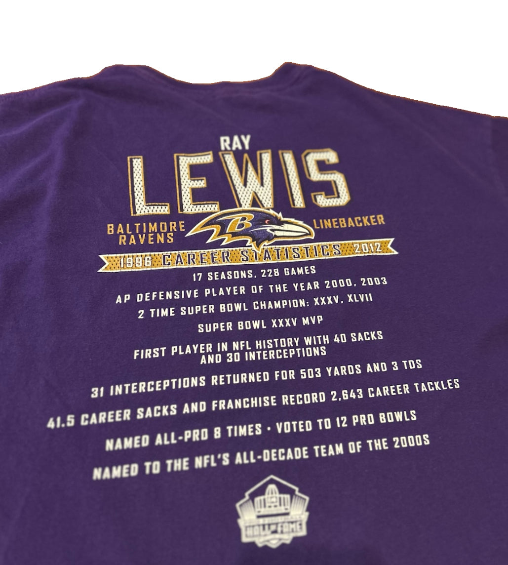 Baltimore Ravens Ray Lewis #52 Pro Football Hall Of Fame Class Of 2018 T-Shirt XL Purple Career Stats 1996-2012 NFL