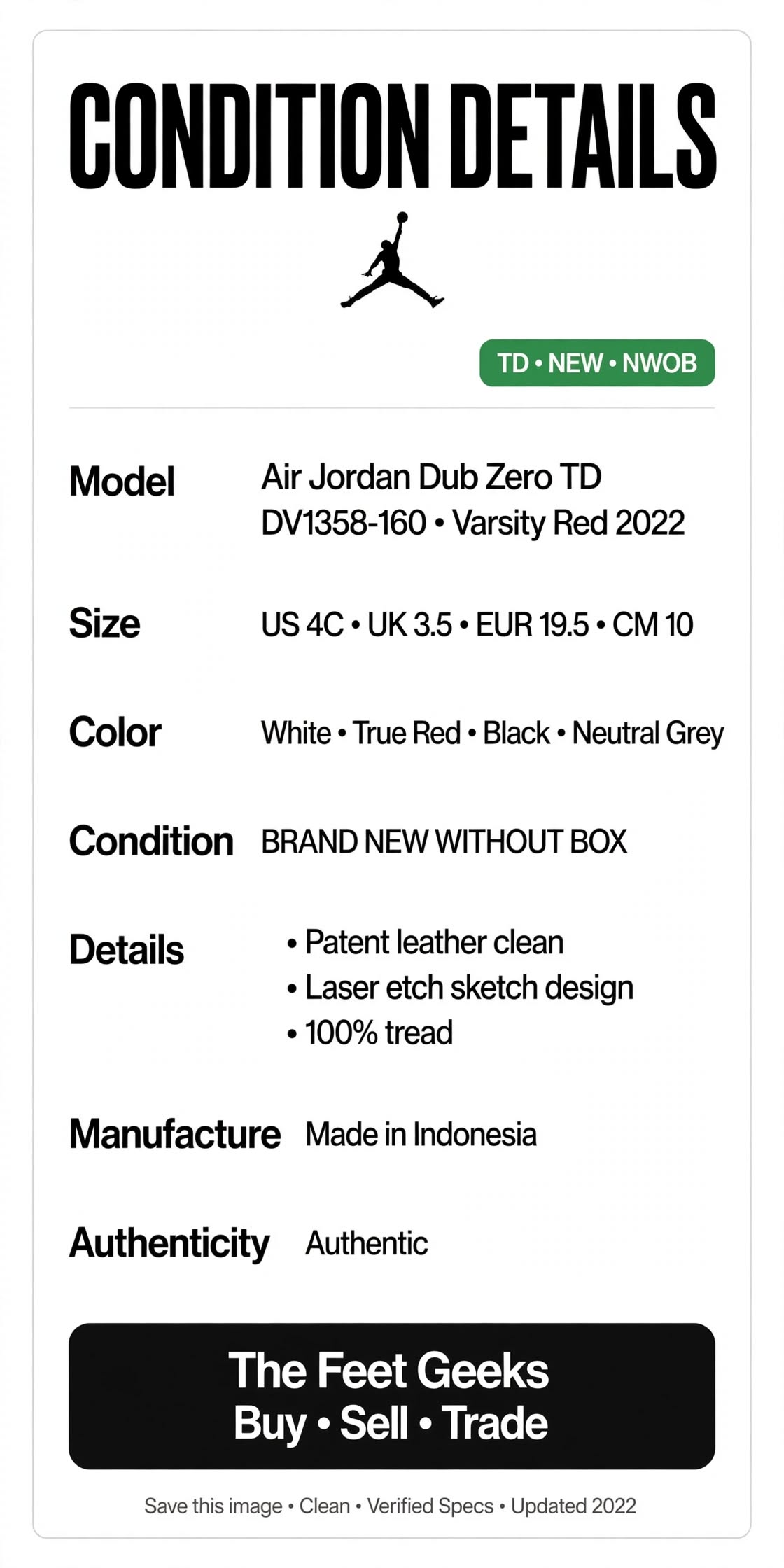 Jordan Dub Zero TD 4C DV1358-160 White Red Black Toddler Baby NEW No Box