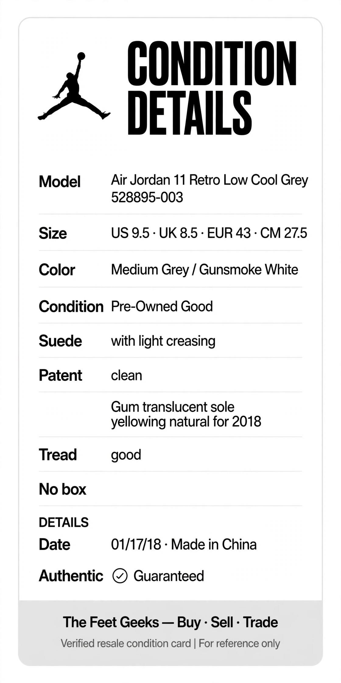 Air Jordan 11 Low Cool Grey 528895-003 Mens 9.5 Medium Grey White 2018