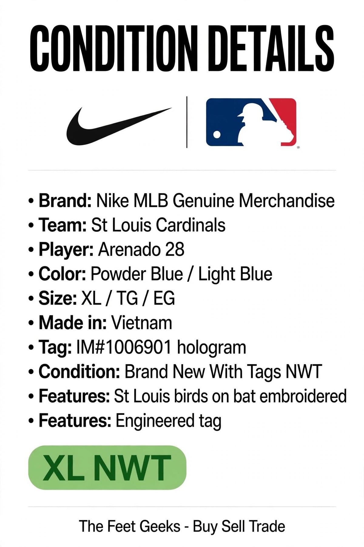 St Louis Cardinals Arenado 28 Jersey Light Blue Powder Blue XL Nike NWT 1006901