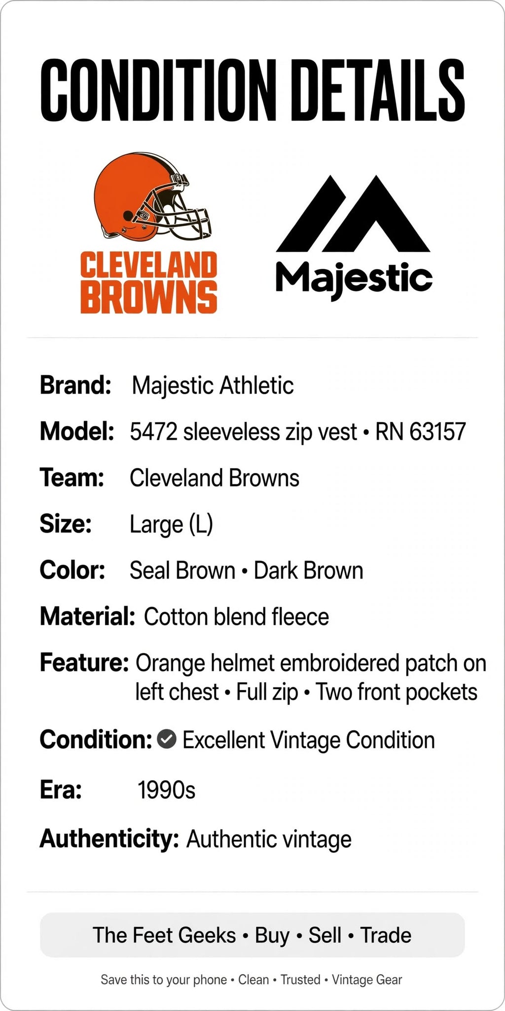 Cleveland Browns Vest L Vintage 90s Majestic Athletic Brown Orange Helmet