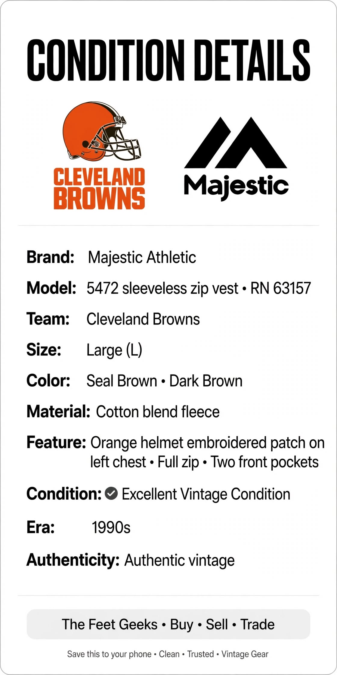 Cleveland Browns Vest L Vintage 90s Majestic Athletic Brown Orange Helmet